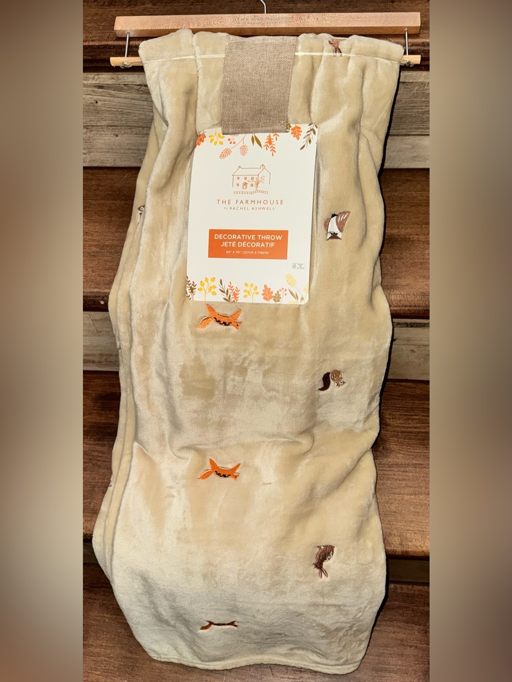 🥰 The Farmhouse Decorative Plush Throw Blanket Cream with Fox 🦊, Owl 🦉 Embroider
